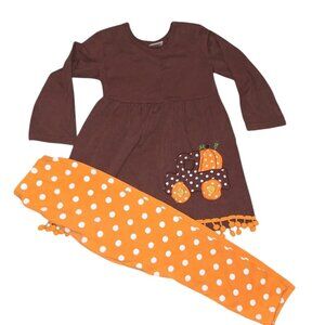 Brown Long Sleeve Dress & Orange Polka Dot Set Kids Large Halloween Thanksgiving